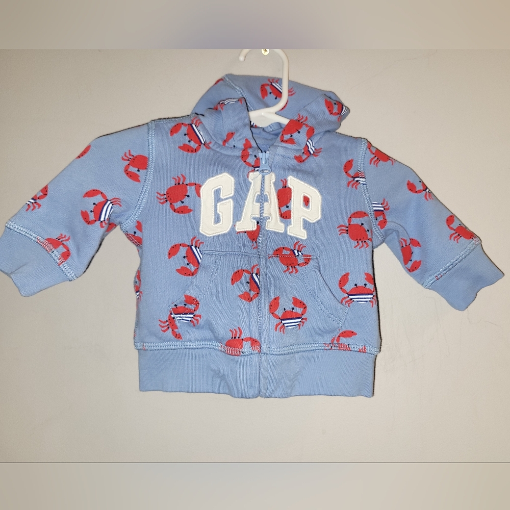 🦀 Baby GAP Logo Blue & Red Crab Hoodie Hooded Zip-Up Sweatshirt 0-3 Months